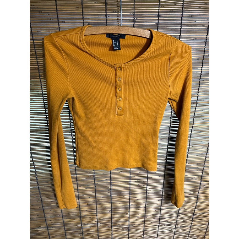 Forever 21 Small Henley Top Mustard Yellow Ribbed Knit Long Sleeve